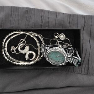 Silver and Teal Watch with Jewelry Set